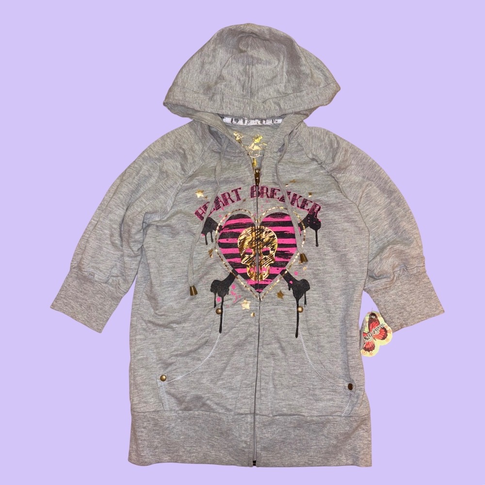 Y2K Self Esteem Heart Breaker Skull Zip Up Hoodie Gray 3/4 Sleeve Scene #17